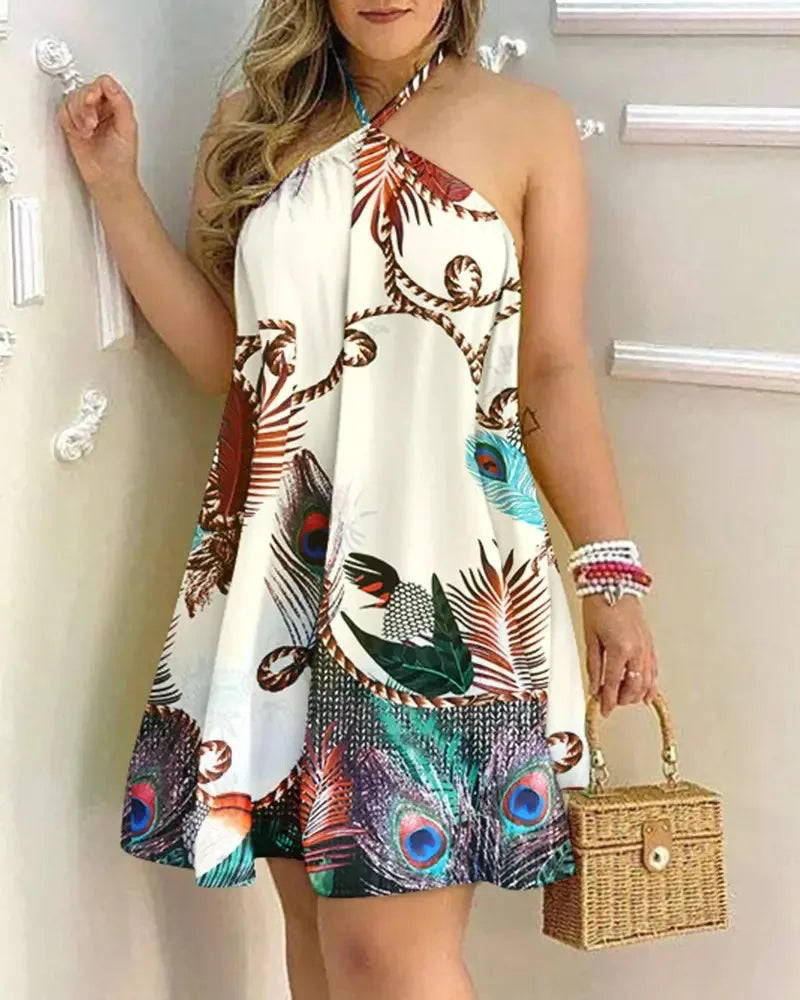 Vestido com decote halter estampado tropical